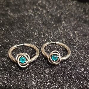 Pandora Silver Hoop Earrings with Teal Gem